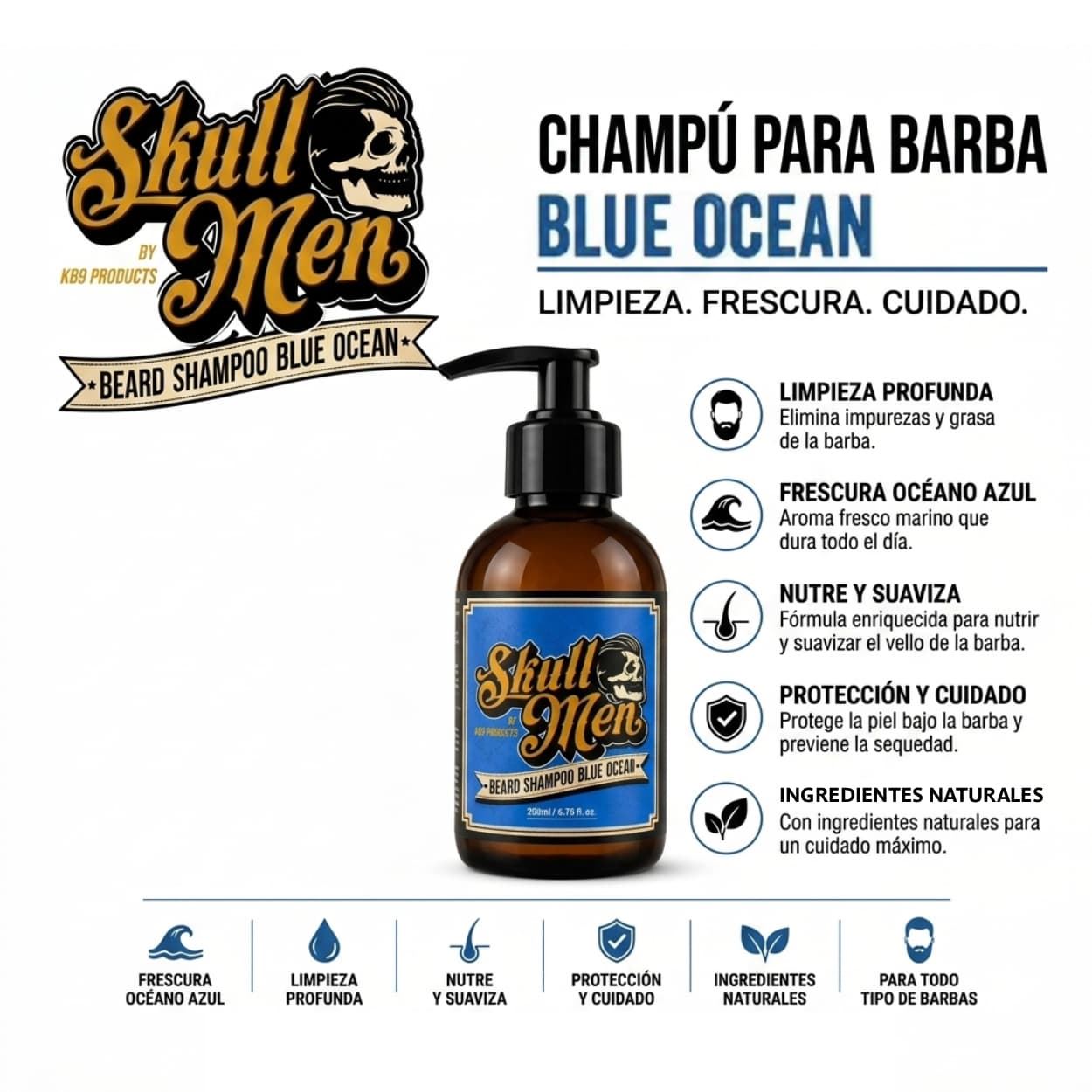 Champu Profesional para Barba Blue Ocean 200ml | Skull Men - Imagen 4