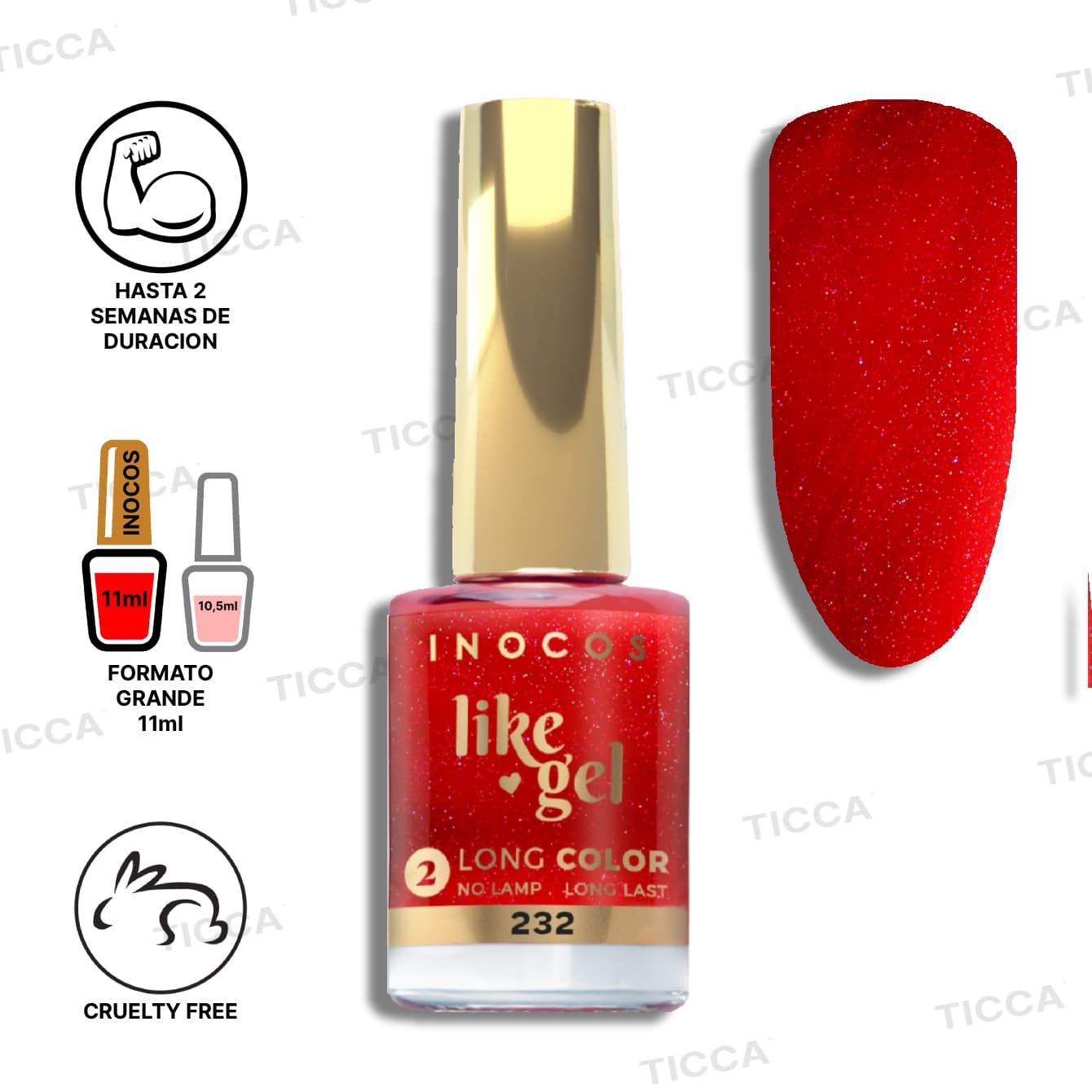 ESMALTE EFECTO GEL DE LARGA DURACION Nº232 ROJO BRILLI 11ml | INOCOS - Imagen 1