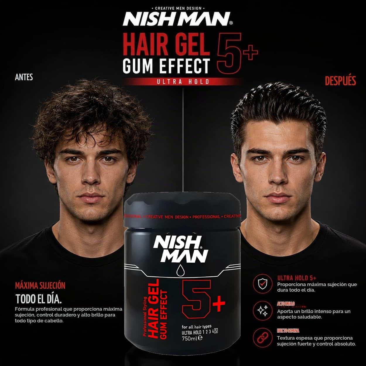 Gomina Profesional Gum Effect Gel N5+ Extrafuerte 750ml | Nishman - Imagen 2
