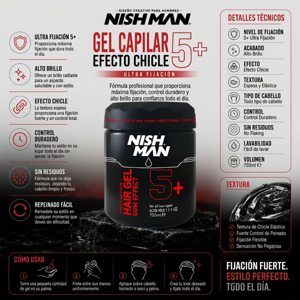 Gomina Profesional Gum Effect Gel N5+ Extrafuerte 750ml | Nishman - Imagen 5