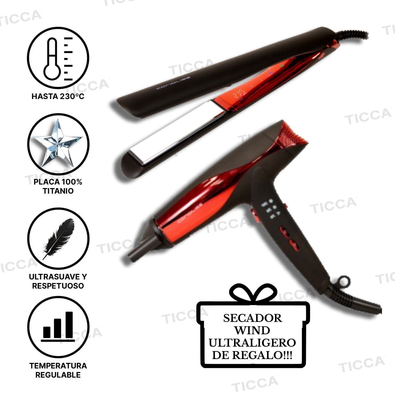 PLANCHA TITANIO C5 BLACK RED + ¡¡SECADOR ULTRALIGERO DE REGALO!! | CORIOLISS - Imagen 1